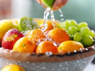 Wall Mural - fresh fruit wash with water drops and bubbles in a bowl - healthy lifestyle concept.