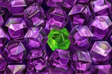 Wall Mural - image of pattern made out of purple cubic shapes with green one in the middle.