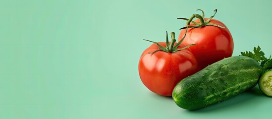 Wall Mural - Tomato and cucumber isolated on pastel background Food. Copy space image. Place for adding text and design