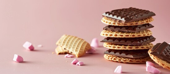 Wall Mural - Wafers with chocolate on a pastel background  . Copy space image. Place for adding text and design