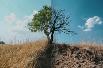 image of two different environment split. On the left is dead tree and dry grass, on the right one everything is green. Sustainability concept.