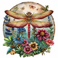 Wall Mural - Symmetrical Dragonfly With mandala Flowers