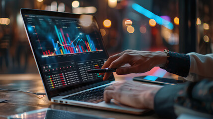 Poster - Digital marketing commerce online sale concept, Businessman use laptop with advertising on website. planning advertising marketing strategies to target social media native, ad, advertisers, sales