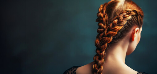 Wall Mural - A woman with red hair has her hair in a braid. The braid is very long and is tied with a ribbon