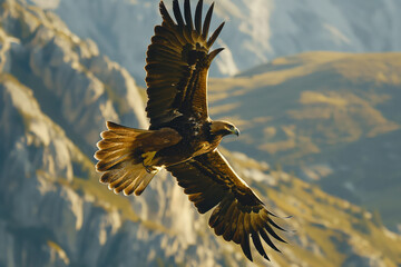 Wall Mural - Golden eagle soaring over mountain peaks with wide open wings