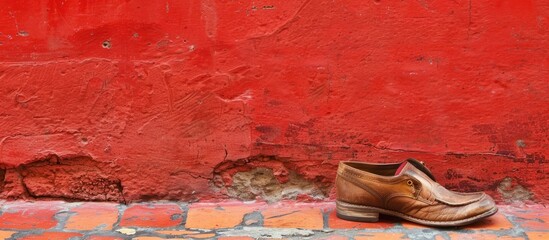 Wall Mural - An old leather shoe place on the red wall. Copy space image. Place for adding text and design