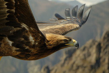 Wall Mural - Golden eagle gliding over mountainous landscape with outstretched wings