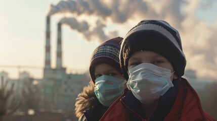 Children wearing masks to prevent air pollution Behind is the factory smokestack