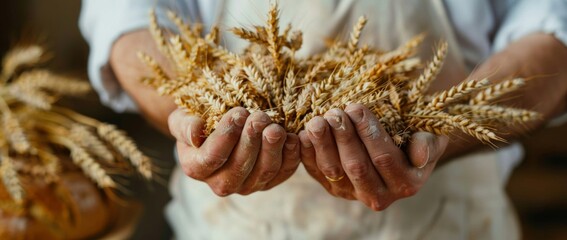 A group of bakers holding spikelets of wheat, symbolizing harvest and traditional baking