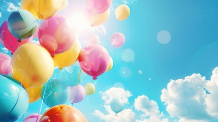 Poster - A bright, celebratory scene with a cluster of colorful balloons rising against a blue sky, indicating a graduation ceremony. Generative AI