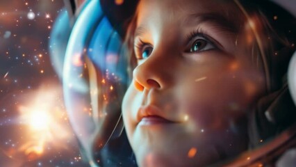 close up kid wearing an astronaut suit against an outer space background. 4k video footage
