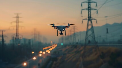Poster - Drone Inspecting Power Lines at Sunset with Modern and High Tech Industrial Landscape