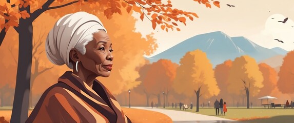 african elder woman in autumn park tra travel holiday lifestyle concept banner background