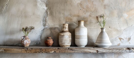 Canvas Print - Neutral colored vases on distressed wooden shelf against rough plaster wall at moonlight. Home decor. Copy space image. Place for adding text and design