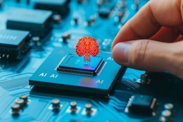 Wall Mural - Hand Holding AI Chip with Red Brain Icon on Blue Circuit Board