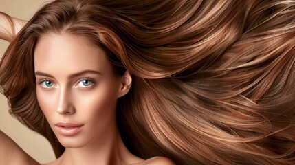 Beautiful young woman with long, healthy hair on a dark background. Hairstyle. Cosmetics for hair. Color adjustment