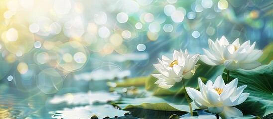 Poster - Beautiful white lotus flower in the lake and lotus flower plants, pure white lotus flower. Copy space image. Place for adding text or design