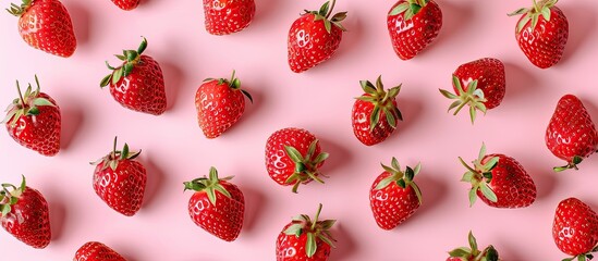 Wall Mural - Creative layout made of strawberry on the pink background. Flat lay. Food concept. Macro concept. Copy space image. Place for adding text and design