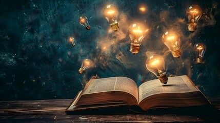 Poster - Open Book with Floating Light Bulbs Representing Knowledge and Ideas