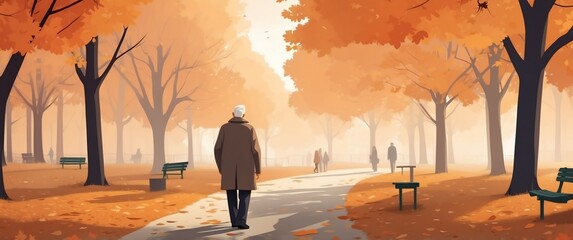 elder man in autumn park tra travel holiday lifestyle concept banner background