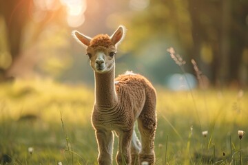 A baby llama is standing in a field of grass