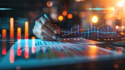 Close-up of analysis of work with the latest financial results, graphical analysis, forecasting financial account sales by handwriting, abstract digital results for background.