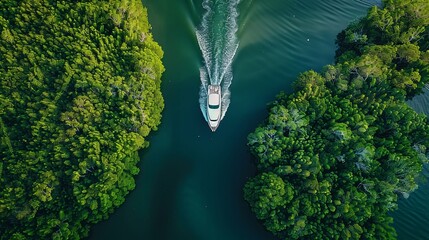 Drone perspective: boat sailing through lush green mangroves, capturing natural beauty from above.