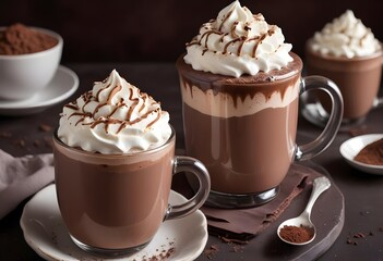 Hot chocolate in a transparent mug with whipped cream and chocolate icing