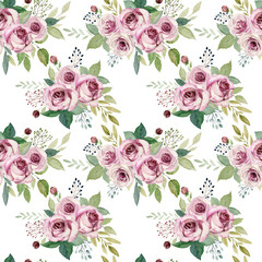 Wall Mural - watercolor seamless pattern with roses on the white background