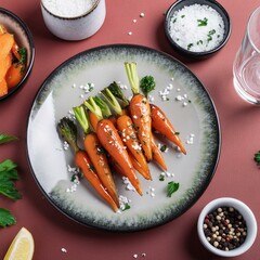 Roasted honey glazed carrots on red background