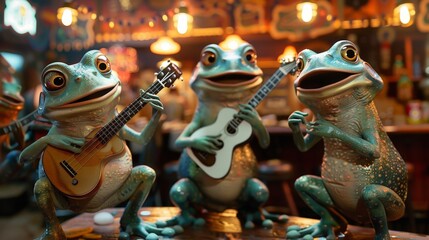 A group of animated frogs as a music band performing live at a funky bar