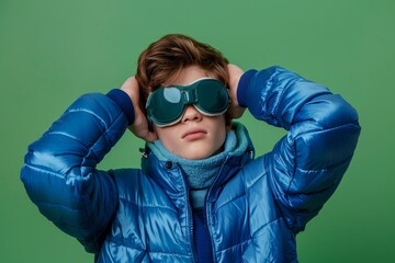 Canvas Print - Studio portrait of young man wearing blue jacket and face sleeping mask on green background.