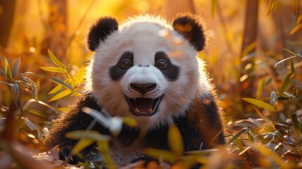 A charismatic panda giving a TED-style talk on conservation efforts