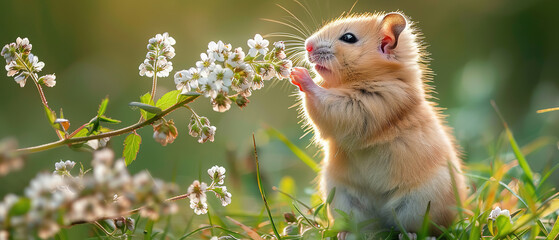 A small field hamster stands on its hind legs and stretches its head upwards to smell a flower of a low hanging branch. Front legs close to the body. field hamster is standing in a meadow in dense tal