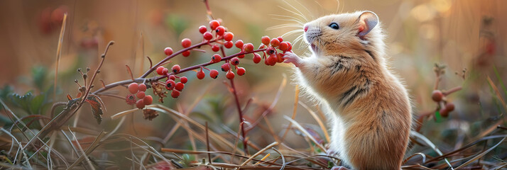 Canvas Print - A small field hamster stands on its hind legs and stretches its head upwards to smell a flower of a low hanging branch. Front legs close to the body. field hamster is standing in a meadow in dense tal