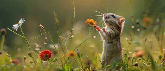 A small field hamster stands on its hind legs and stretches its head upwards to smell a flower of a low hanging branch. Front legs close to the body. field hamster is standing in a meadow in dense tal