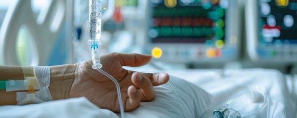 Close-up of patient's hand with IV, hospital bed controls, and vital signs monitor in background