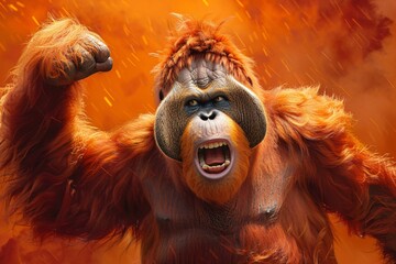 A cartoonish looking orangutan with a mouth wide open