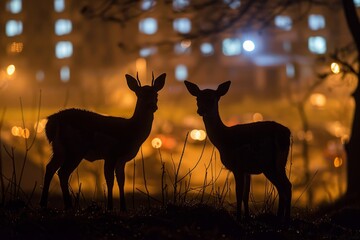 Two young fallow deer silhouetted by the lights of a urban housing estate