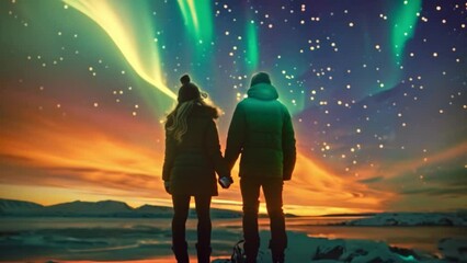 Wall Mural - Aurora Borealis dances over snow-capped peaks. Vibrant colors. An ethereal atmosphere. Dramatic lighting. Icy blues and fiery greens.