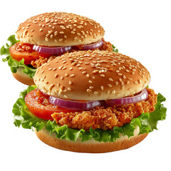 Wall Mural - Two chicken burgers with fresh ingredients on white background.