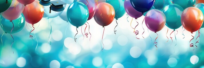 Poster - A vibrant background for a graduation party featuring balloons with celebratory messages and school symbols, against a blue bokeh backdrop. Generative AI