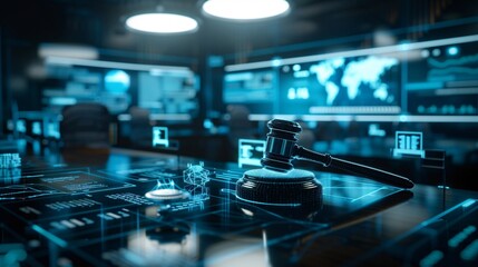 Poster - Against a backdrop of a modern, digital courtroom, a holographic bankruptcy judge with a gavel commands the scene. This futuristic depiction underscores the advancements in legal technology and