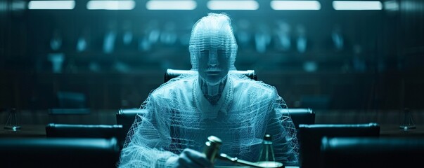 Poster - In a technologically advanced courtroom setting, a holographic image of a bankruptcy judge with a gavel presides over a case. The scene reflects the integration of digital technology in future court