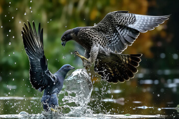 Wall Mural - Peregrine falcon catching pigeon while flying over water