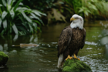 Wall Mural - Majestic bald eagle perched on rock in river