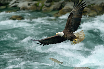 Wall Mural - Majestic bald eagle flying over water hunting salmon