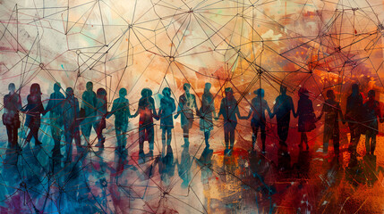 Wall Mural - Group of business people and social connection concept,A 3d rendering of a team connection and social network symbol on a blurry background, Hand leading global network connection and data exchange 
