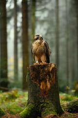 Wall Mural - Majestic hawk perched on tree stump in forest