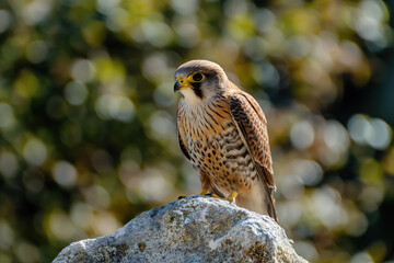 Wall Mural - Kestrel perched on rock, observing surroundings with intensity